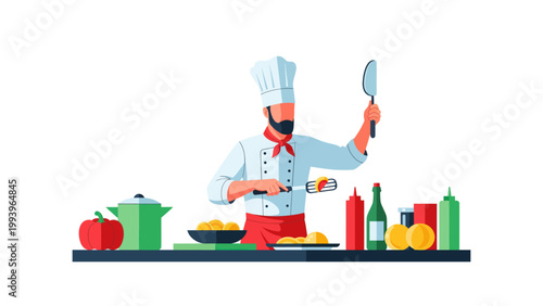 chef cooking in kitchen flat vector illustration