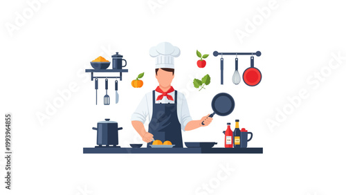 Chef Cooking in Kitchen Vector Illustration