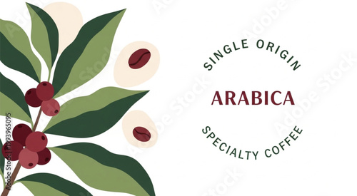 Arabica Coffee Label Design with Single Origin Specialty Badge Beans Leaves and Botanical Branch Premium Cafe Branding Template