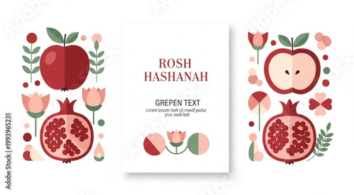 Rosh Hashanah Greeting Card Template with Apple Pomegranate Flowers and Hebrew New Year Symbols Festive Holiday Design Background