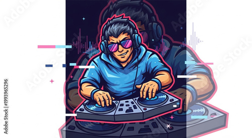 Cool DJ Gamer Character Mixing Music on Turntable with Headphones Neon Cartoon Esports Mascot Illustration for Streaming Branding Design