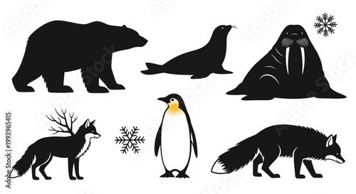Black silhouettes of Arctic animals group.