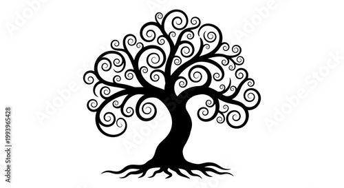 Black Tree Silhouette with Swirls.