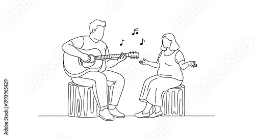 Man serenades woman with acoustic guitar and musical notes.