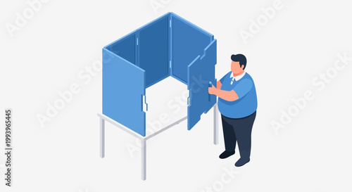 Man Setting Up a Blue Voting Booth for Elections and Voting.