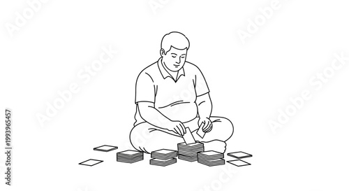 Man Sitting on the Floor Playing Cards and Stacking Them.