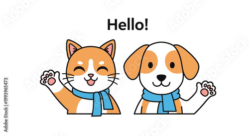 Cartoon cat and dog friends waving.