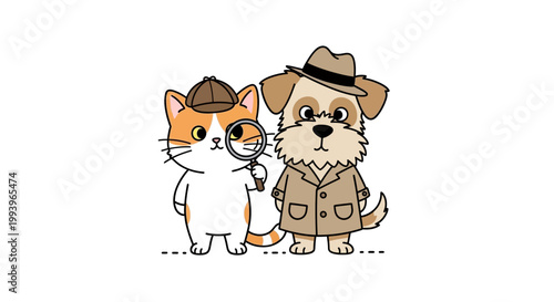 Cartoon cat and dog dressed detectives.