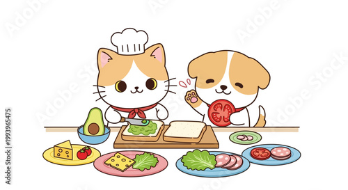 Cartoon cat and dog preparing food.