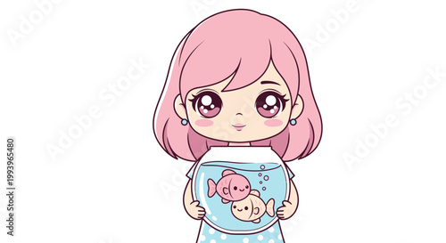 Cartoon girl holding pink fish bowl.
