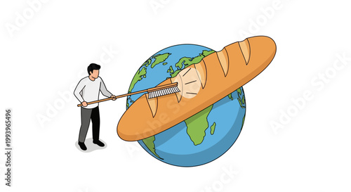 Man slicing bread around the world concept illustration, global food supply.