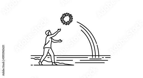 Man throwing a wreath into the water, memorial concept illustration.