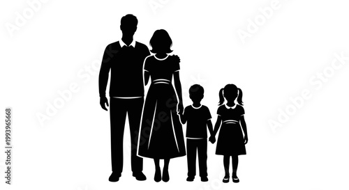 Family of four standing together silhouette.
