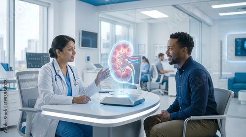 Female doctor showing futuristic 3D kidney hologram to male patient in modern medical clinic.