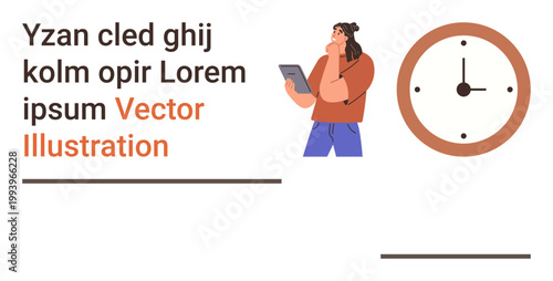 Time management, productivity, deadlines, organization, multitasking, planning. A woman holding a tablet with a clock. Time management and productivity concept