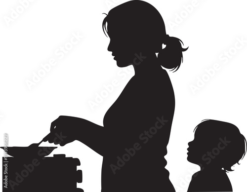 Silhouette of a mother cooking while her child watches with daily life, watching