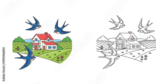 Foto Swallows Flying Over a Country House in Rural Landscape, Coloring Page and Color