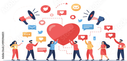 Social Media Marketing Vector Illustration with People Sharing Love Reactions, Heart Symbol, Megaphones, and Online Communication Engagement Concept for Digital Campaign Design