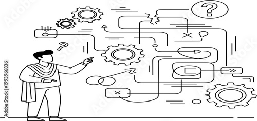 Business Problem Solving Vector Illustration with Workflow Diagram, Gears, Decision Process, and Analytical Thinking Concept in Minimal Line Art Style