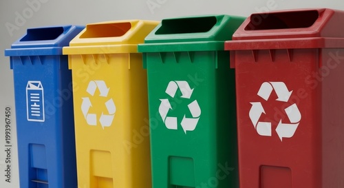 Green, yellow, blue, red recycling bin in a park used for eco-friendly waste disposal