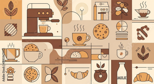 Coffee Shop Seamless Pattern with Espresso Machine Cups Cookies Croissant Milk and Cafe Elements Retro Background Design