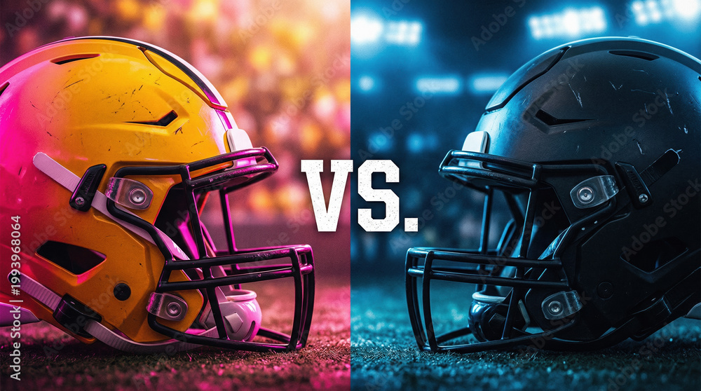 Naklejka premium American football helmets facing off in stadium, competitive sports match background with VS text, yellow and black gear for championship game