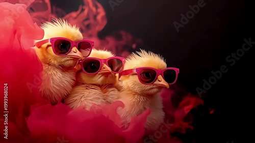 ひよこ三羽とサングラスを左配置した赤煙の背景が使いやすい黒背景の横動画素材