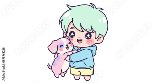 Cute cartoon boy holding pink puppy.