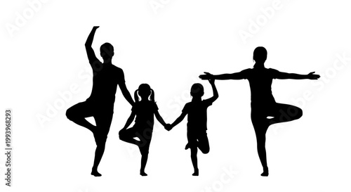 Family doing yoga together outdoors.