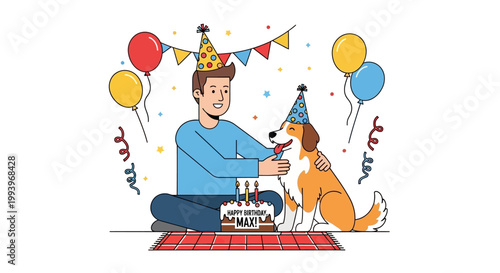 Man and dog wearing party hats.