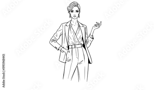 Beautiful fashion model sketch stylish girl line art vector illustration