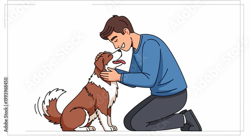 Man kneeling and petting brown dog.