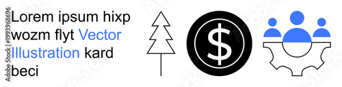 Sustainability, teamwork, finance, cooperation, economy, environmental care. Tree, dollar sign and gear with people. Sustainability and teamwork with financial and cooperation ideas