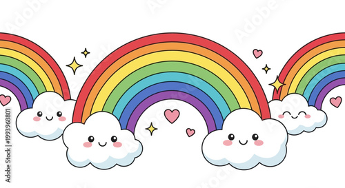 Smiling Clouds Under Colorful Rainbows.