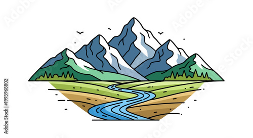 Snowy mountain peaks with river.