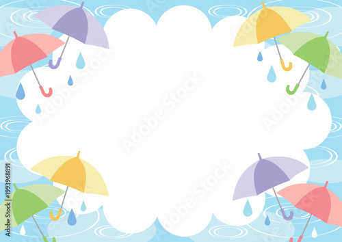 梅雨背景、傘、吹き出し、波紋、雫、かわいい、横