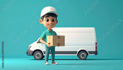 A delivery man holds a box beside a white van