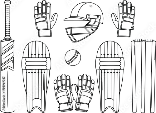 Cricket gear set line art icon vector illustration