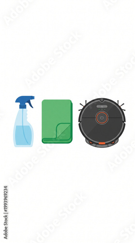 Household cleaning tools set with spray bottle, green cloth, and robot vacuum cleaner
