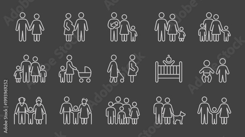 Set of family line icons representing various life stages from pregnancy and newborns to parenthood and elderly care on dark background, concept for social welfare, insurance and lifestyle