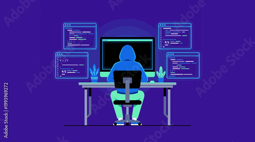 senior software engineer in hoodie sitting at desk writing digital code across multiple monitors on purple backdrop, concept for cyber security, software development and network hacking