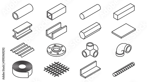 Black outline isometric icons of various steel metal profiles and structural industry elements, concept for engineering blueprints, hardware catalog and architectural supply