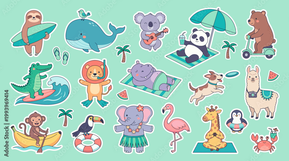 Fototapeta premium Collection of cute cartoon animal stickers featuring summer activities like surfing and yoga on mint background, concept for children scrapbook, nursery decor and travel theme stationery