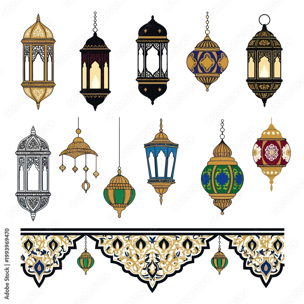 Obraz premium Collection of Intricate Islamic Lanterns and Decorative Border