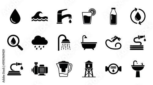 Black water resource and plumbing icon set featuring faucet, drop, rain, shower, pump, meter and hose on white background, concept for eco conservation, utility management and website design