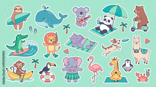 Collection of cute cartoon animal stickers featuring summer activities like surfing and yoga on mint background, concept for children scrapbook, nursery decor and travel theme stationery