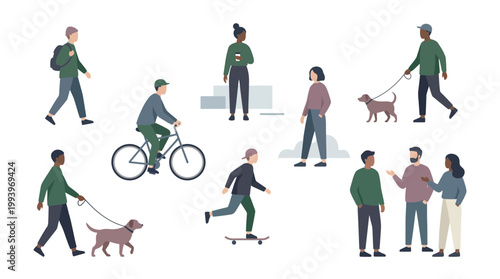 Flat vector set of diverse office managers and creative designers commuting by bicycle or walking dogs in the city, concept for urban lifestyle, work life balance and community representation