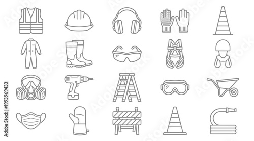 Minimalist thin line icon set of personal protective equipment and construction safety gear, concept for industrial safety training, workplace hazard prevention and occupational manual