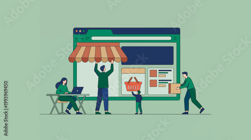 Digital marketing team and web developers building an e-commerce storefront with a laptop and delivery box, concept for online marketplace, digital retail and business website development