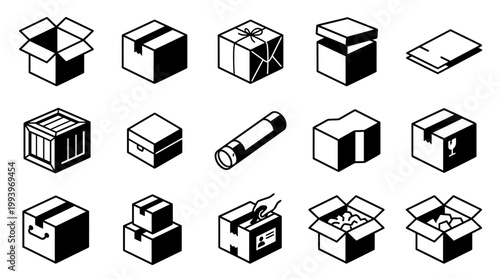 Minimalist isometric packaging icons of cardboard boxes, crates and shipping supplies on white background, concept for e-commerce delivery, warehouse logistics and shipping supply branding